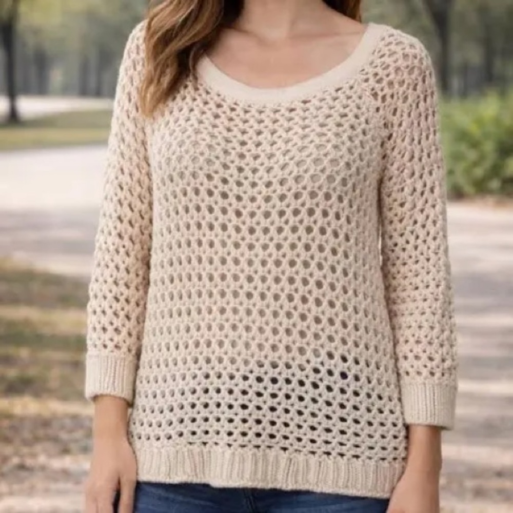 American Eagle Outfitters Open Knit Crochet Sweater Cream Boho Western Size S - Picture 6 of 8